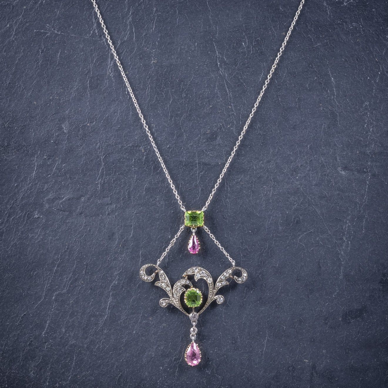 Antique Edwardian Suffragette Pendant Necklace Diamond Peridot Spinel Platinum Circa 1915
