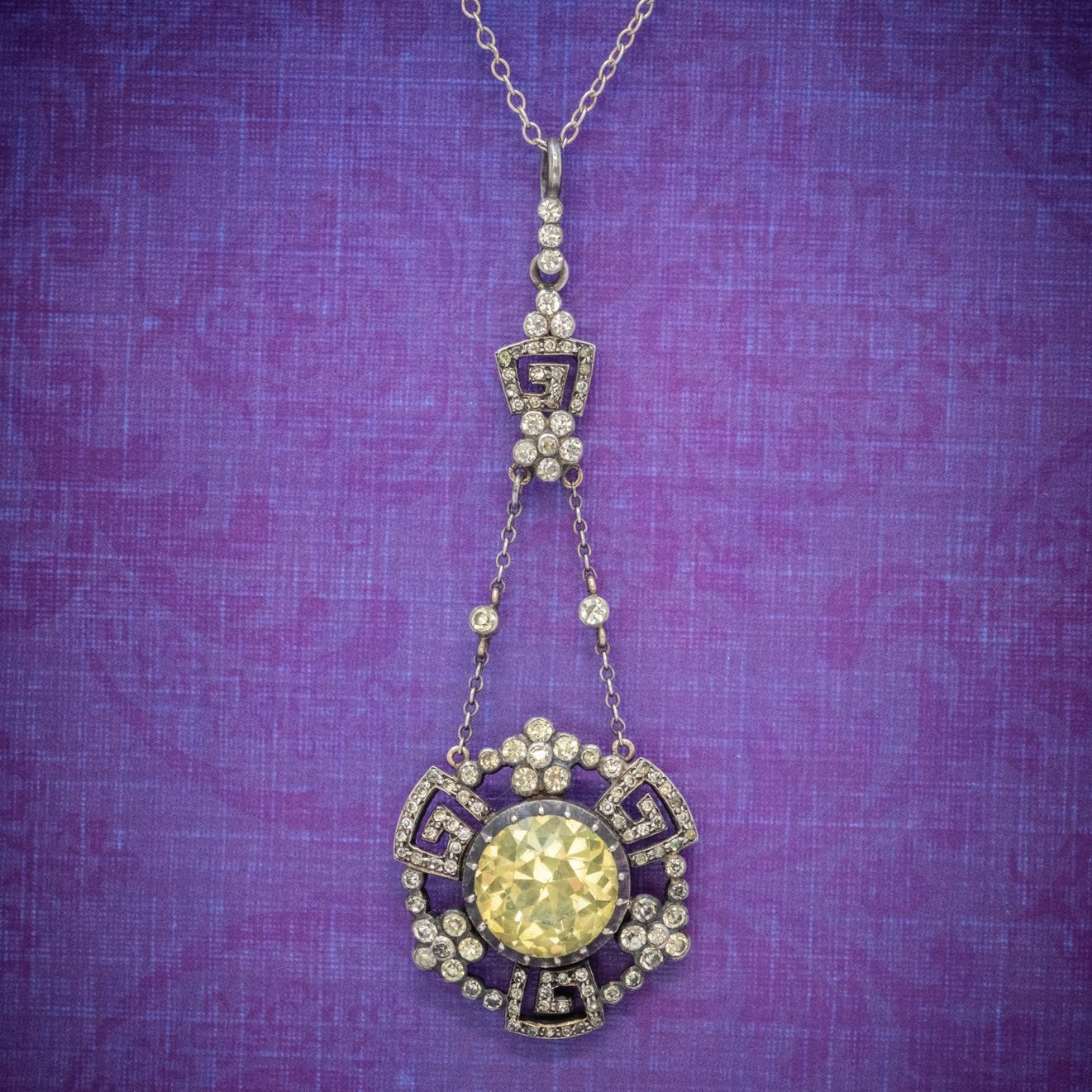 Antique Georgian Yellow Paste Stone Drop Pendant Necklace Silver Circa 1800