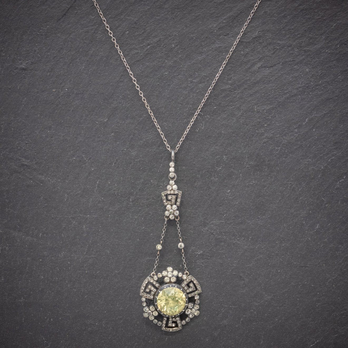 Antique Georgian Yellow Paste Stone Drop Pendant Necklace Silver Circa 1800