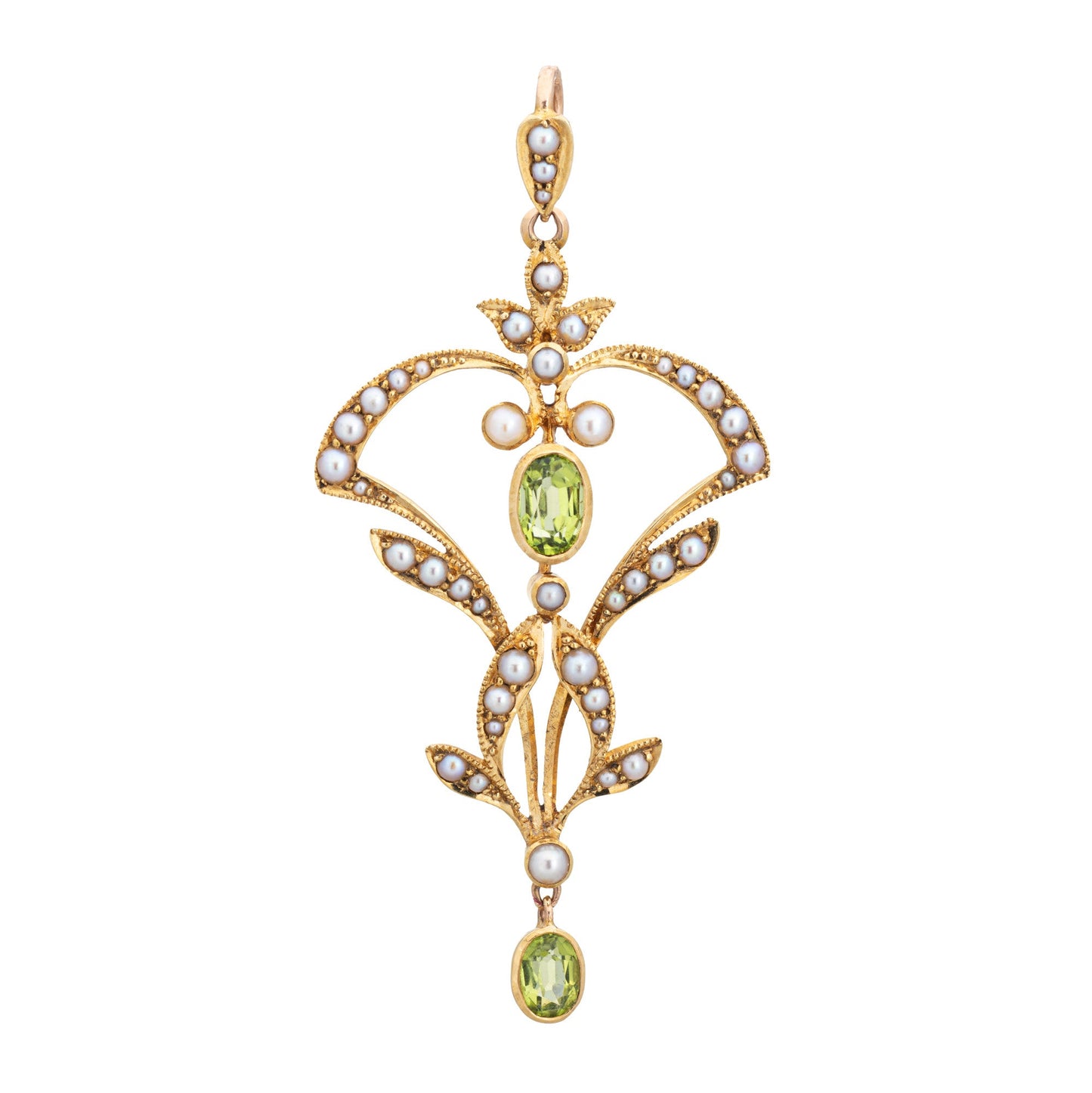 Antique Edwardian Lavalier Pendant Peridot Seed Pearls Vintage 18k Yellow Gold