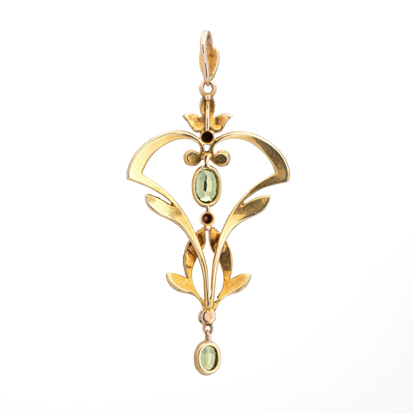 Antique Edwardian Lavalier Pendant Peridot Seed Pearls Vintage 18k Yellow Gold
