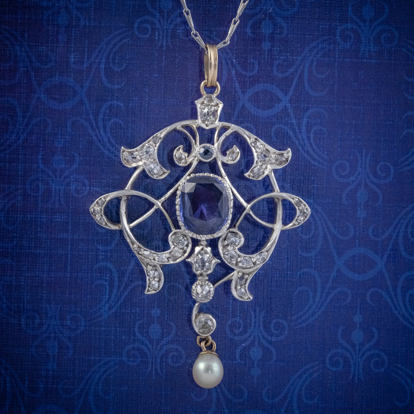 Antique Edwardian 3.25Ct Sapphire Diamond Pendant Necklace Platinum 18Ct Gold Circa 1905
