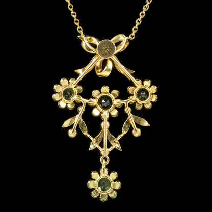 Antique Edwardian Pearl Peridot Pendant Necklace 18Ct Gold Circa 1910
