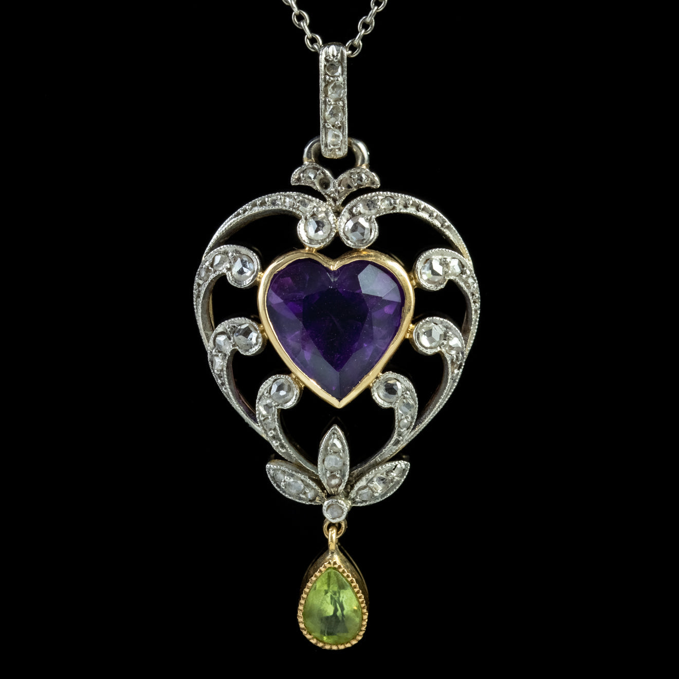 Antique Suffragette Heart Pendant Necklace Platinum 18Ct Gold Edwardian Circa 1910