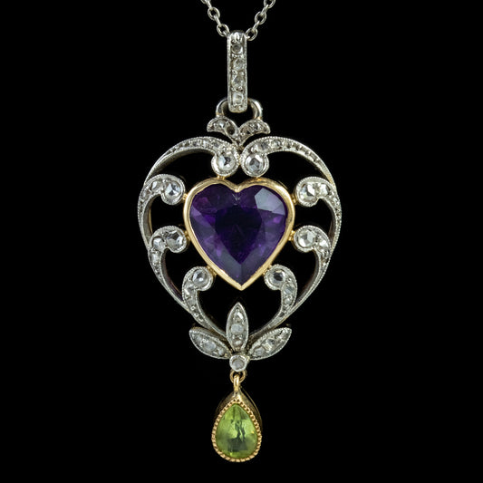 Antique Suffragette Heart Pendant Necklace Platinum 18Ct Gold Edwardian Circa 1910