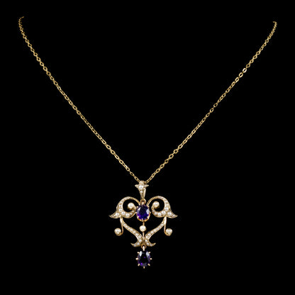 Antique Victorian Amethyst Pearl Pendant Necklace 9Ct Gold Circa 1880