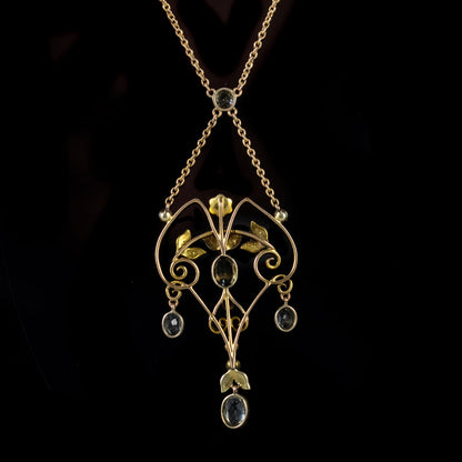 Antique Victorian Aquamarine Pearl Lavaliere Pendant Necklace 9Ct Gold Circa 1900