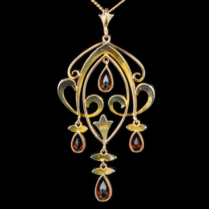 Antique Victorian Garnet Pearl Pendant Necklace 9Ct Gold Circa 1900
