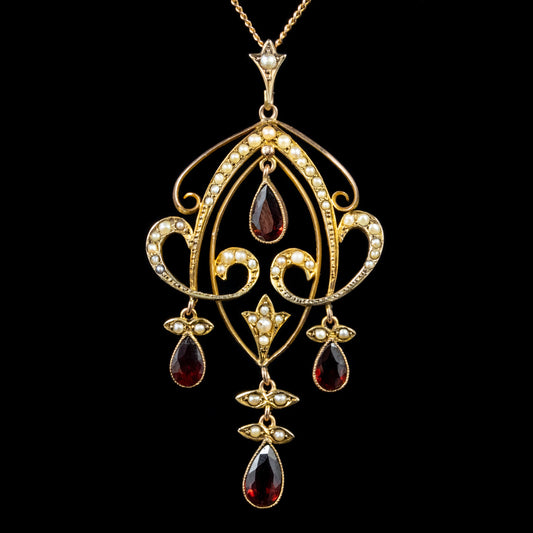 Antique Victorian Garnet Pearl Pendant Necklace 9Ct Gold Circa 1900