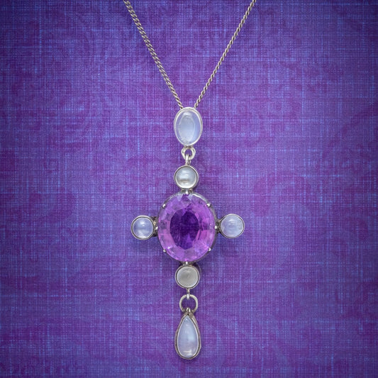 Antique Edwardian Moonstone Amethyst Pendant Necklace Silver Circa 1910