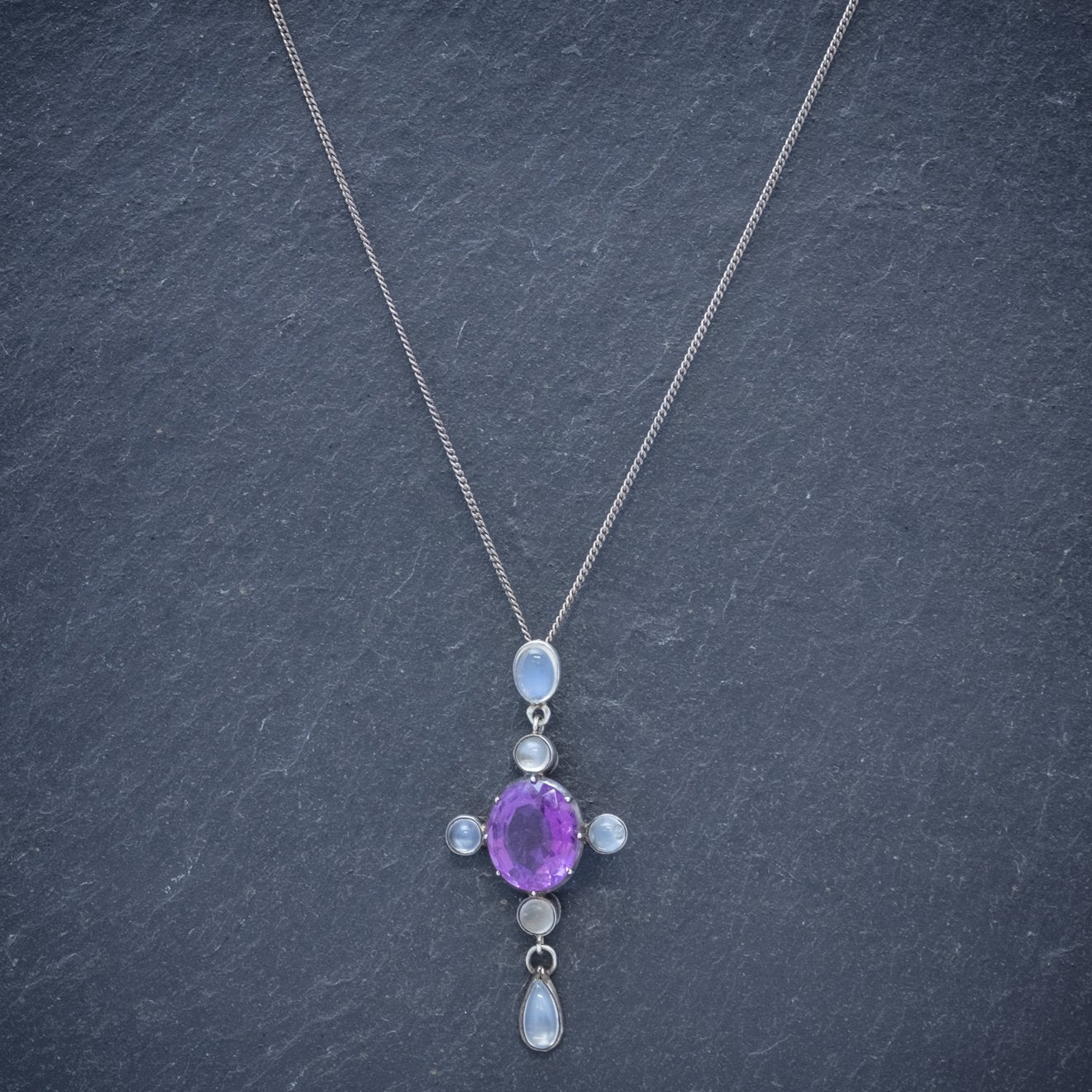Antique Edwardian Moonstone Amethyst Pendant Necklace Silver Circa 1910