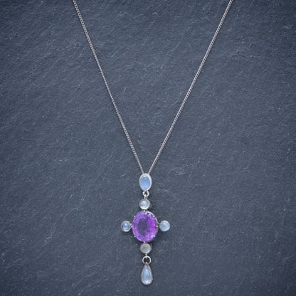 Antique Edwardian Moonstone Amethyst Pendant Necklace Silver Circa 1910