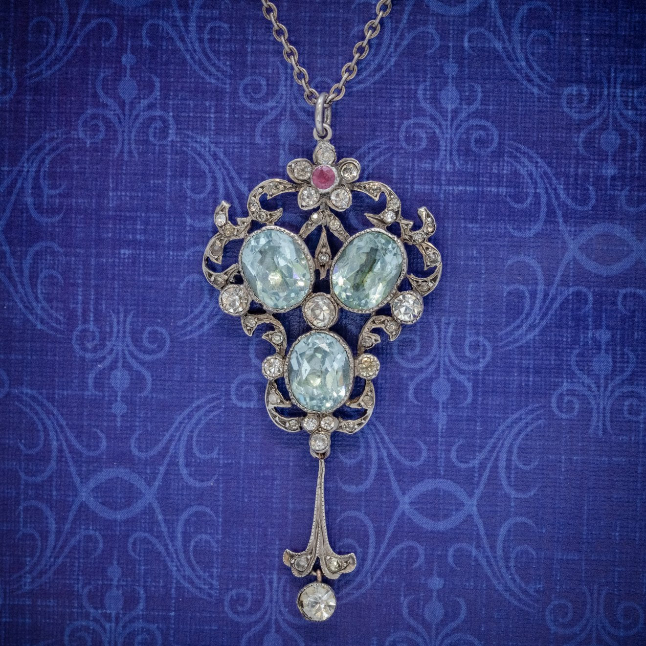Antique Edwardian Pendant Necklace Paste Stone Silver Circa 1910