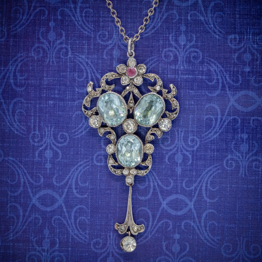 Antique Edwardian Pendant Necklace Paste Stone Silver Circa 1910