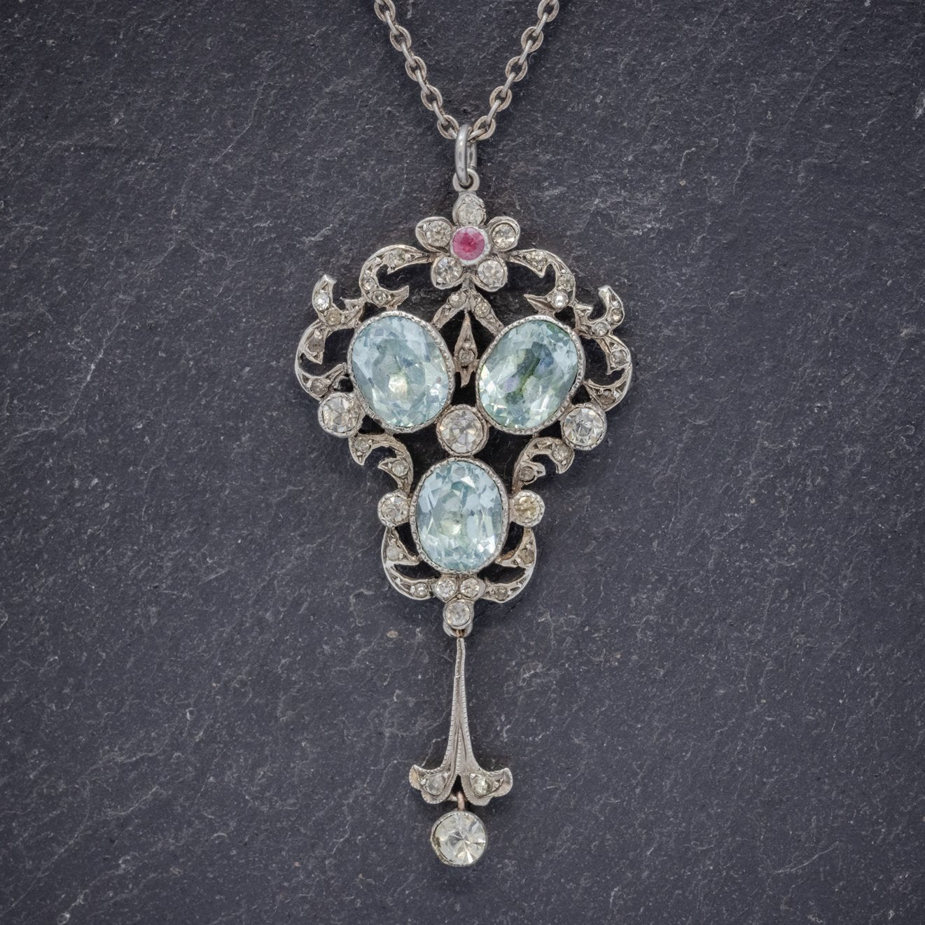 Antique Edwardian Pendant Necklace Paste Stone Silver Circa 1910