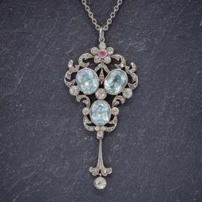 Antique Edwardian Pendant Necklace Paste Stone Silver Circa 1910