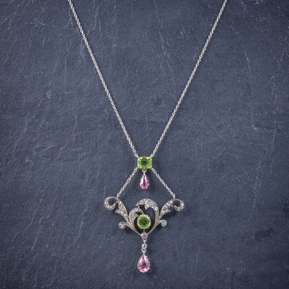 Antique Edwardian Suffragette Pendant Necklace Diamond Peridot Spinel Platinum Circa 1915