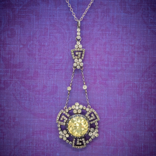 Antique Georgian Yellow Paste Stone Drop Pendant Necklace Silver Circa 1800