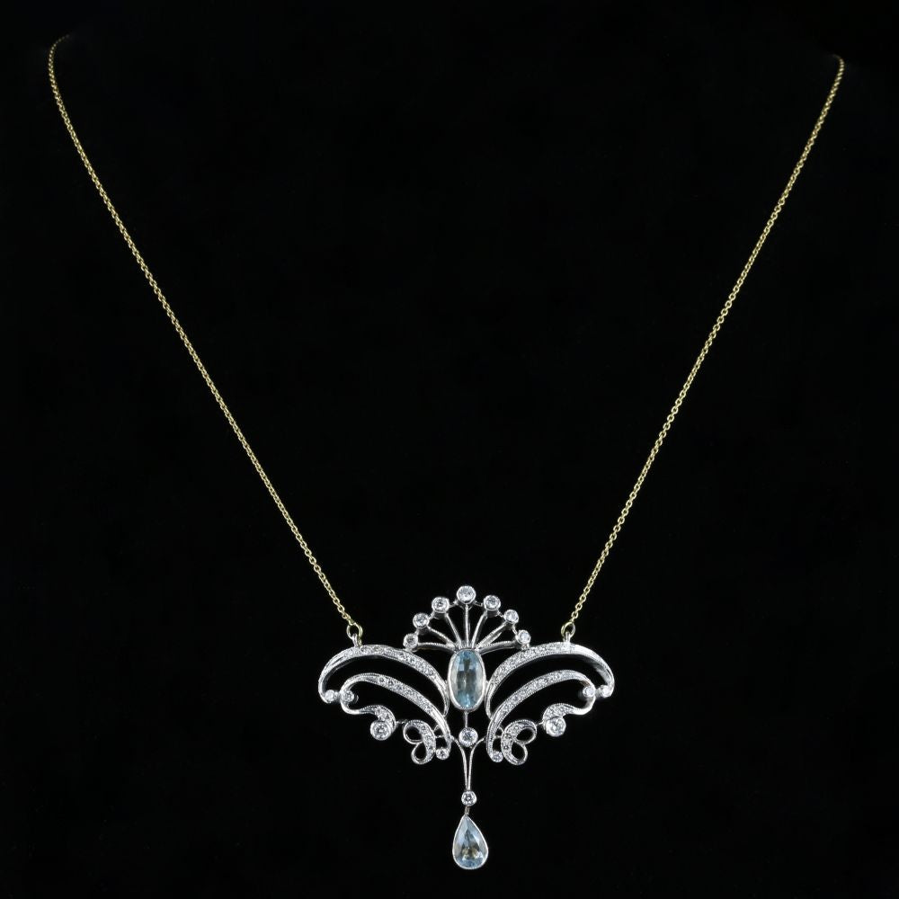 Antique Aquamarine Diamond Pendant Necklace 18Ct Yellow Gold 3Ct Aquamarine