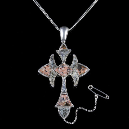 Antique Scottish Cross Pendant Necklace Victorian Silver Circa 1860
