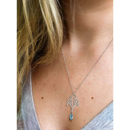 Blue Topaz & Natural Diamond Fleur-de-lis Necklace