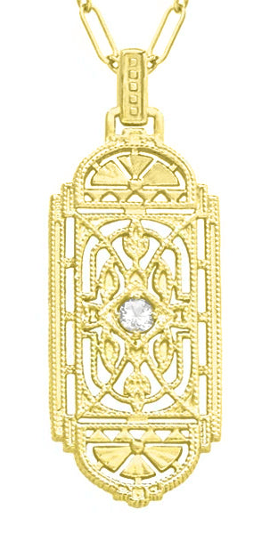 Geometric Art Deco Filigree White Sapphire Necklace Pendant in Yellow Gold Over Solid Sterling Silver