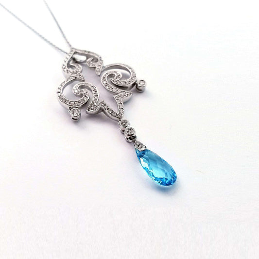 Blue Topaz & Natural Diamond Fleur-de-lis Necklace