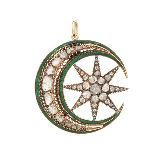 Antique Victorian 2.50ct Diamond Pendant Crescent Moon Enamel 14k Star Celestial