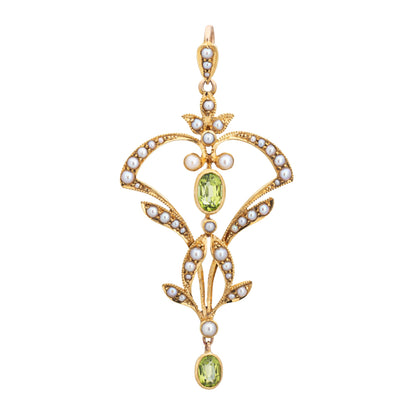 Antique Edwardian Lavalier Pendant Peridot Seed Pearls Vintage 18k Yellow Gold