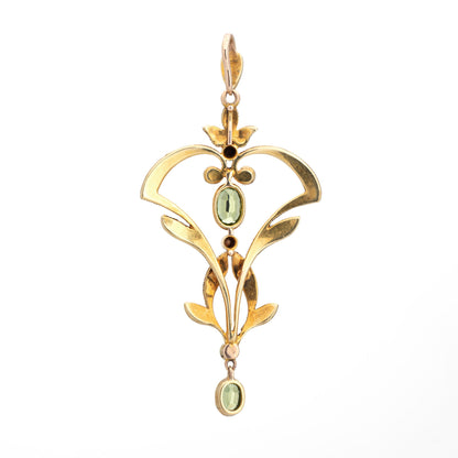 Antique Edwardian Lavalier Pendant Peridot Seed Pearls Vintage 18k Yellow Gold