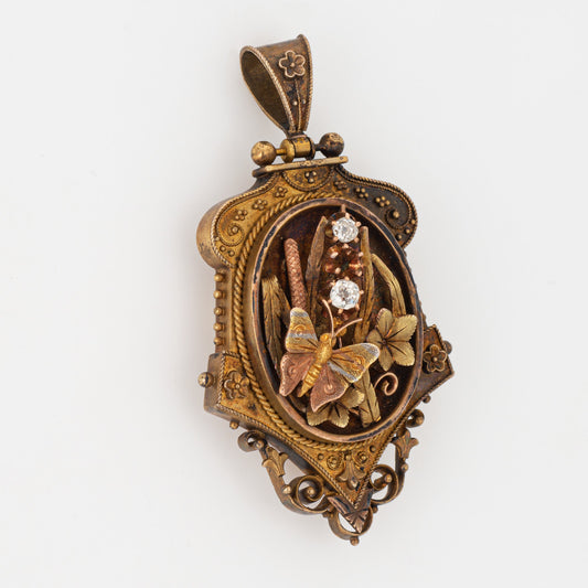 Antique Victorian Large Locket 14k Yellow Gold Diamond Pendant Opens Butterfly