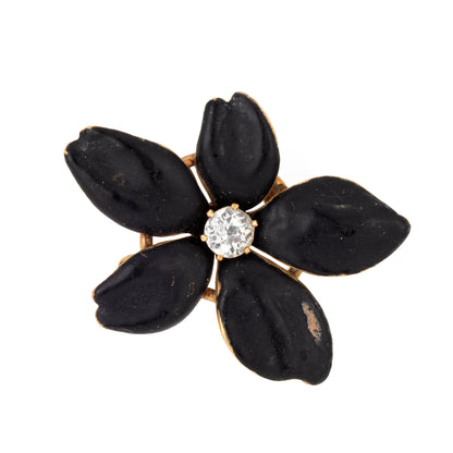 Antique Victorian Flower Pendant Diamond 14k Gold Black Enamel Mourning Jewelry
