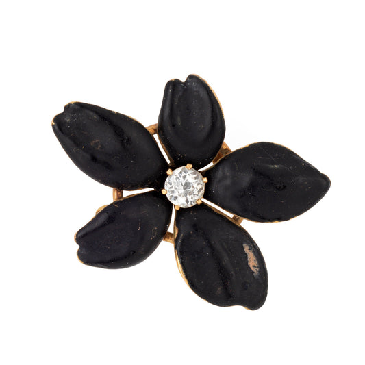 Antique Victorian Flower Pendant Diamond 14k Gold Black Enamel Mourning Jewelry