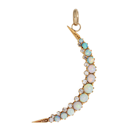 Antique Victorian Crescent Moon Pendant Opal Diamond 18k Gold Celestial Jewelry