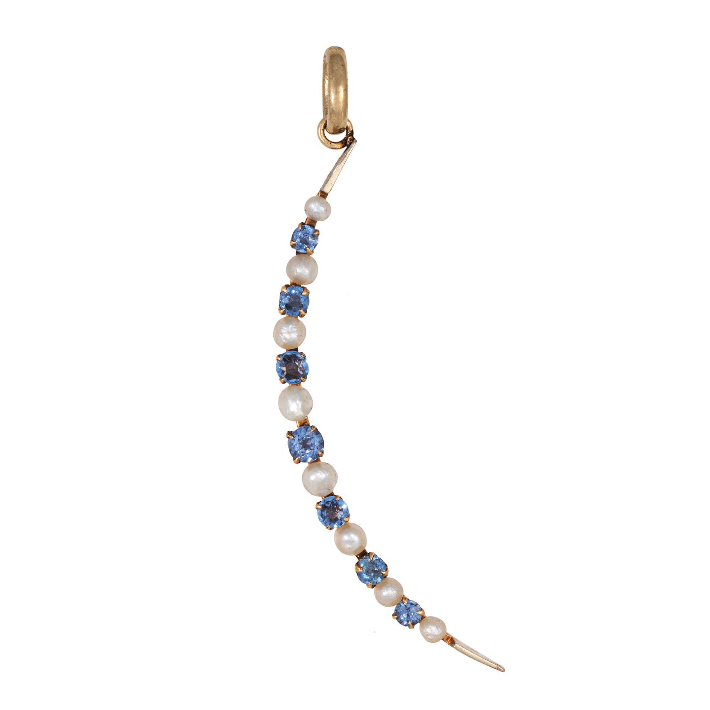 Antique Victorian Crescent Moon Pendant Sapphire Pearl 14k Gold Celestial