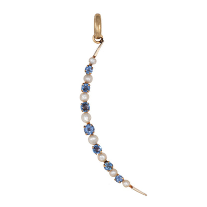 Antique Victorian Crescent Moon Pendant Sapphire Pearl 14k Gold Celestial