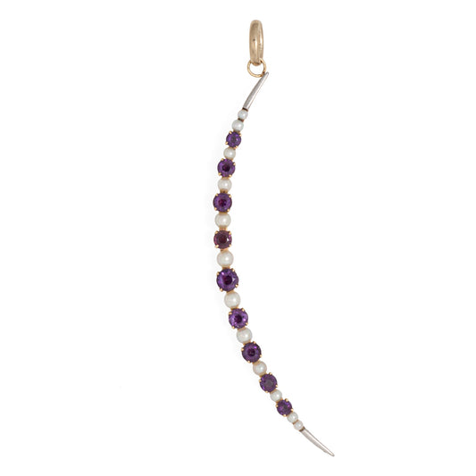 Antique Victorian Crescent Moon Pendant Amethyst Pearl 14k Gold Celestial