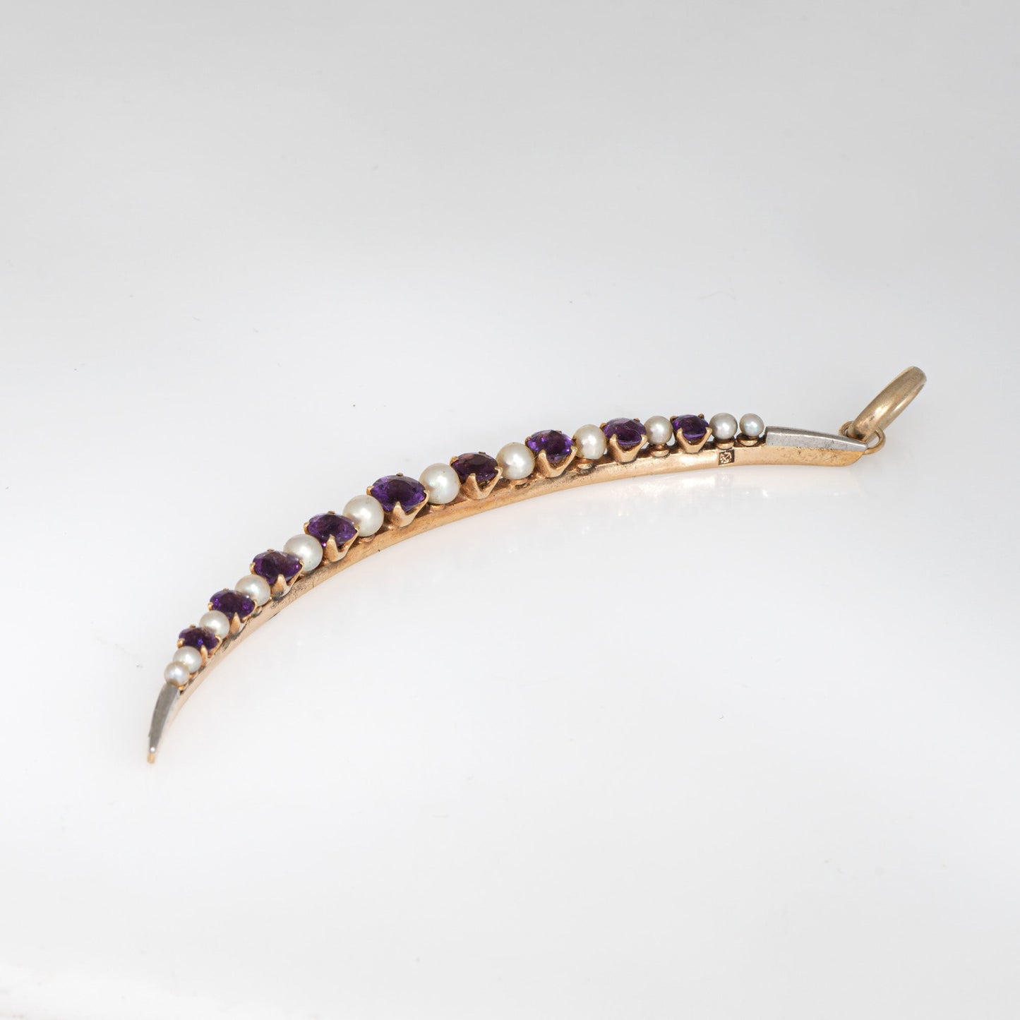 Antique Victorian Crescent Moon Pendant Amethyst Pearl 14k Gold Celestial