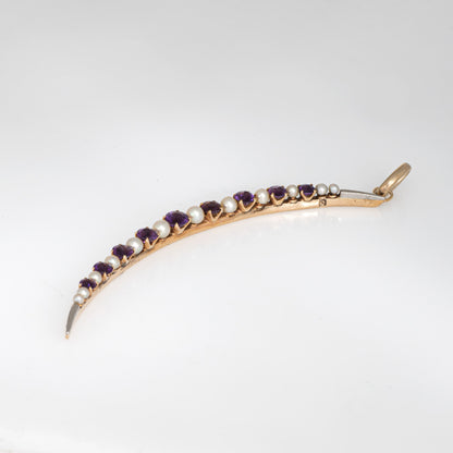 Antique Victorian Crescent Moon Pendant Amethyst Pearl 14k Gold Celestial