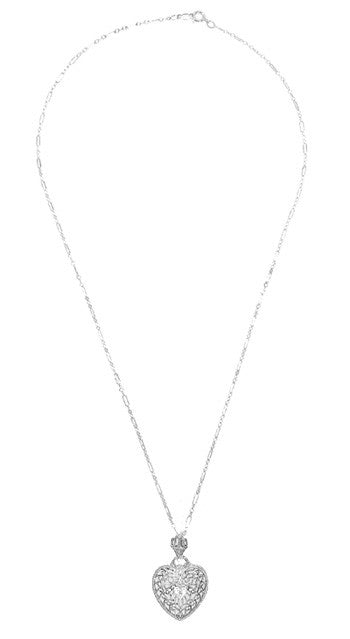 Heart of Love Art Deco Filigree Diamond Pendant Necklace in Sterling Silver