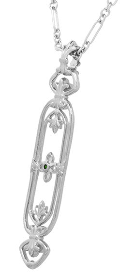 Fleur de Lys Art Nouveau Cartouche Emerald Pendant in Sterling Silver