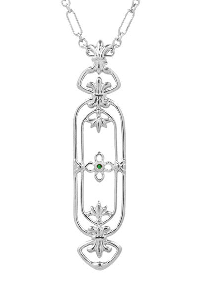 Fleur de Lys Art Nouveau Cartouche Emerald Pendant in Sterling Silver