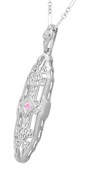 Filigree Art Deco Pink Sapphire Lozenge Shape Necklace in Sterling Silver